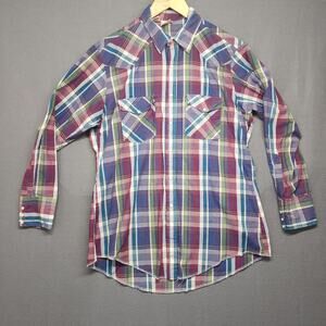 Vintage Western Frontier Shirt Mens Large Multicolor Plaid Pearl Snap Cowboy USA